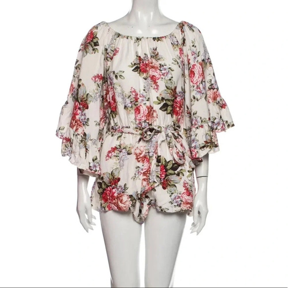 LPA Anthropologie Linen Off Shoulder Romper Floral Summer Rose Bouquet Size XS - Picture 2 of 11